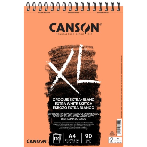 CANSON Bloc XL Extra White 90 grs para Esbozo en Espiral Grano Fino 120 hojas