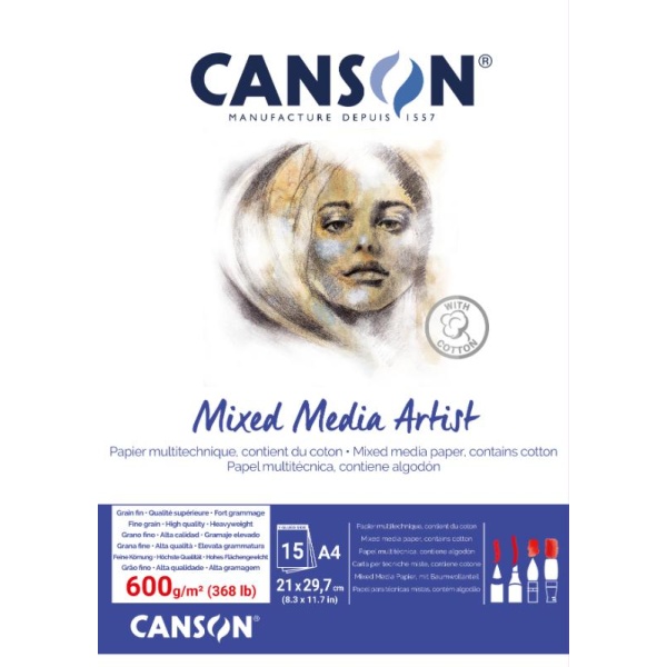 CANSON Bloc Mix Media Artist 600 grs encolado por 1 lado 10% Algodón